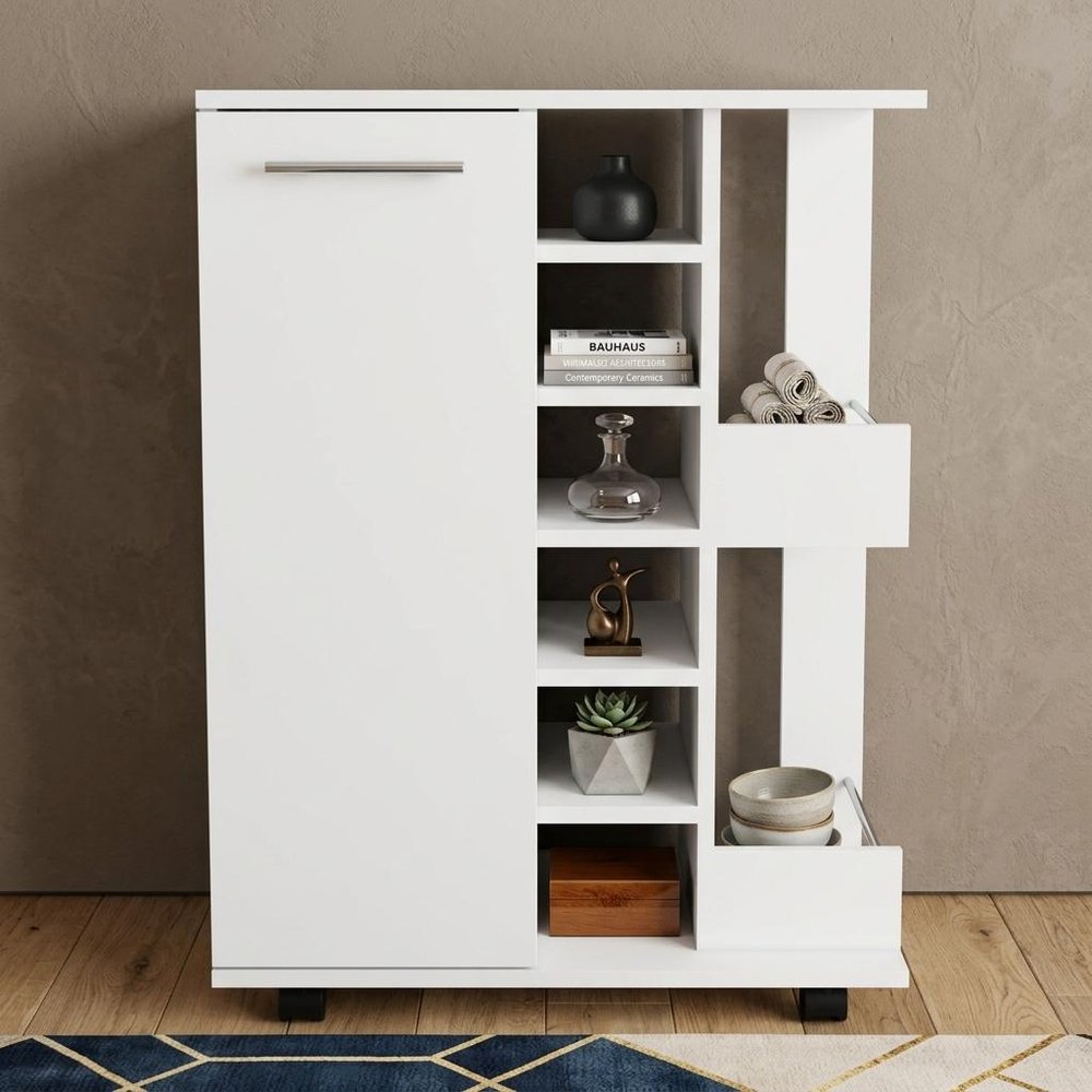 White Rolling Bar Cart With Wine Storage