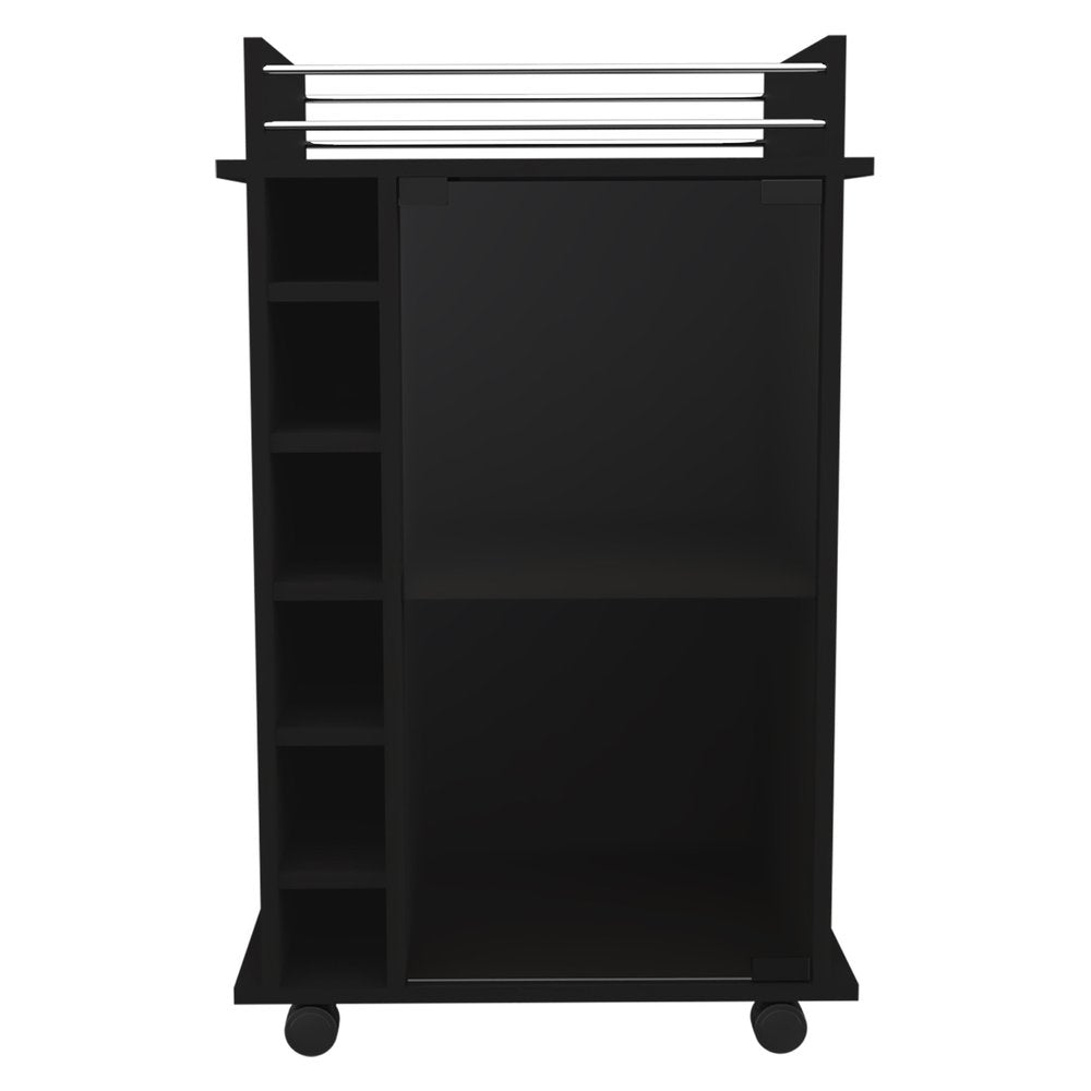 Black rolling bar cart with wine storage shelves and a large cabinet door, shown on a white background.