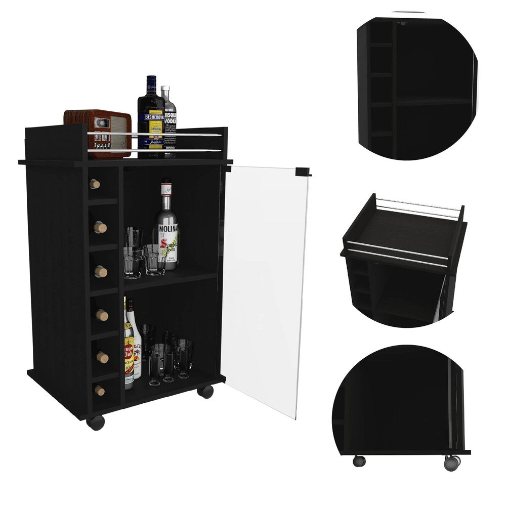 Black Rolling Bar Cart With Wine Storage - 35" H x 21.6" W x 16.3" D