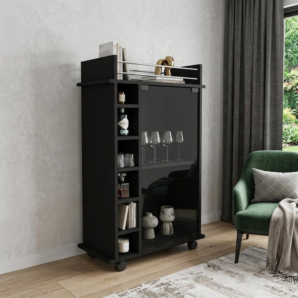 Black Rolling Bar Cart With Wine Storage in a home interior
