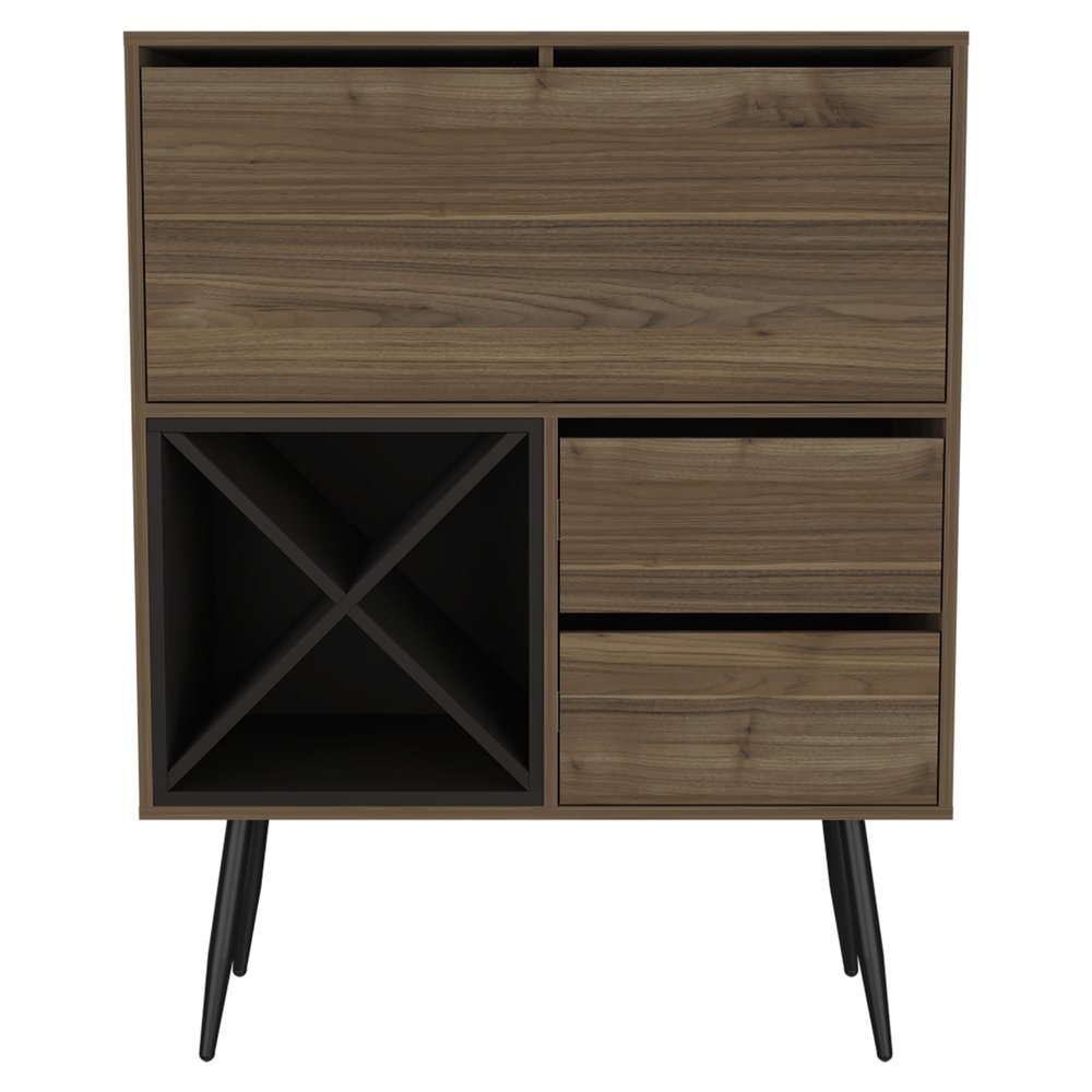 46" Dark Brown and Black Wood Console Bar Cabinet With Single Door And Two Drawers. Cabinet isolated on a plain white background, showing a dark brown wood surface.