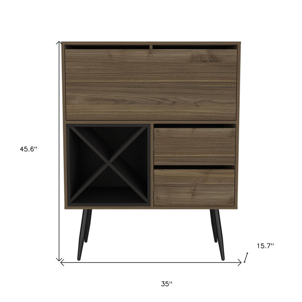 46" Dark Brown and Black Wood Console Bar Cabinet With Single Door And Two Drawers. Cabinet isolated on a plain white background, in a dark brown wood finish.
