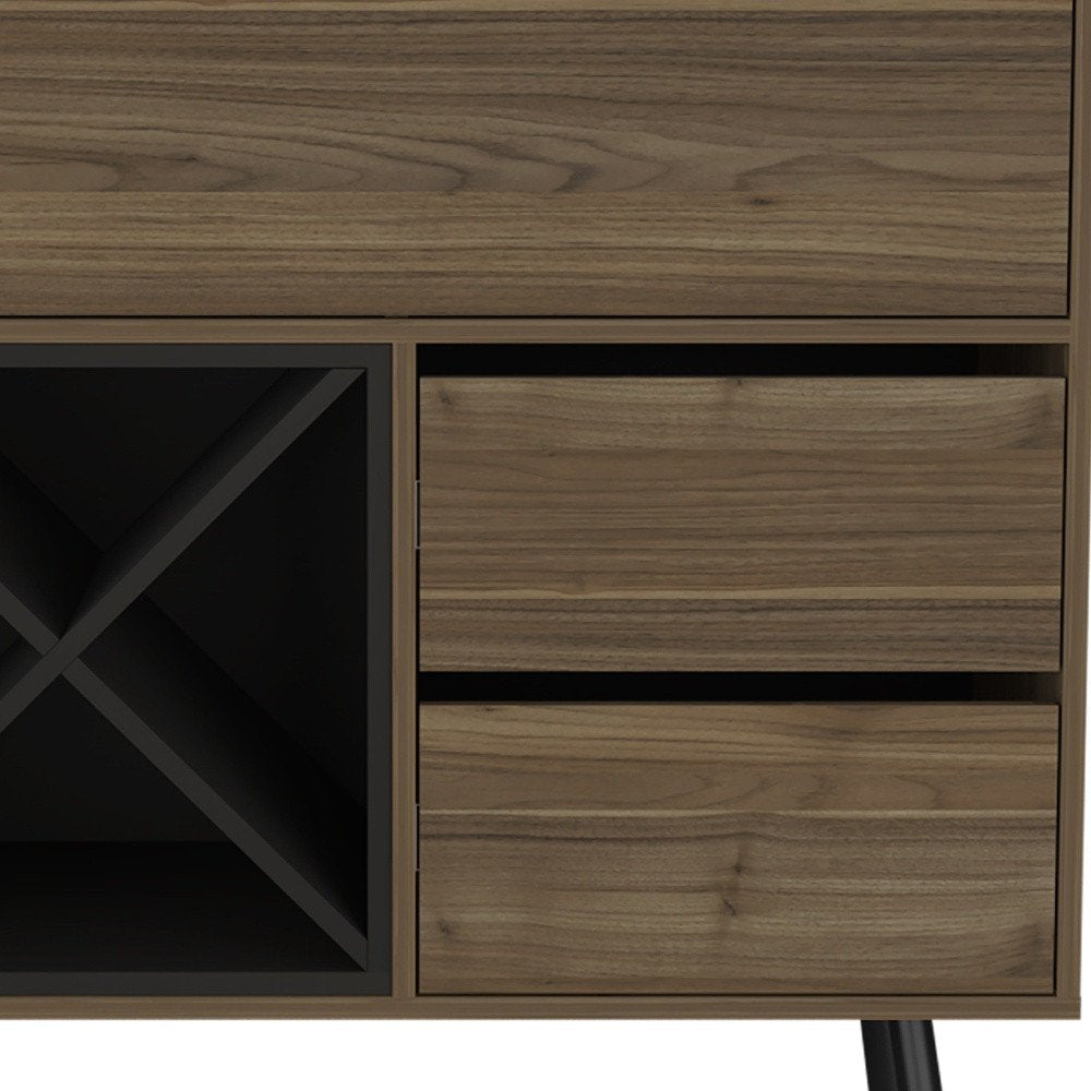 Close-up of 46" Dark Brown and Black Wood Console Bar Cabinet With Single Door And Two Drawers showing the dark brown wood texture.