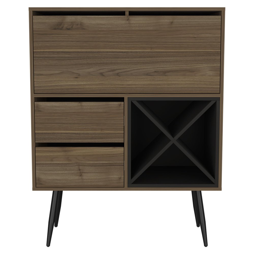 46" Dark Brown and Black Wood Console Bar Cabinet With Single Door And Two Drawers. Cabinet isolated on a plain white background, showing a dark brown wood surface.