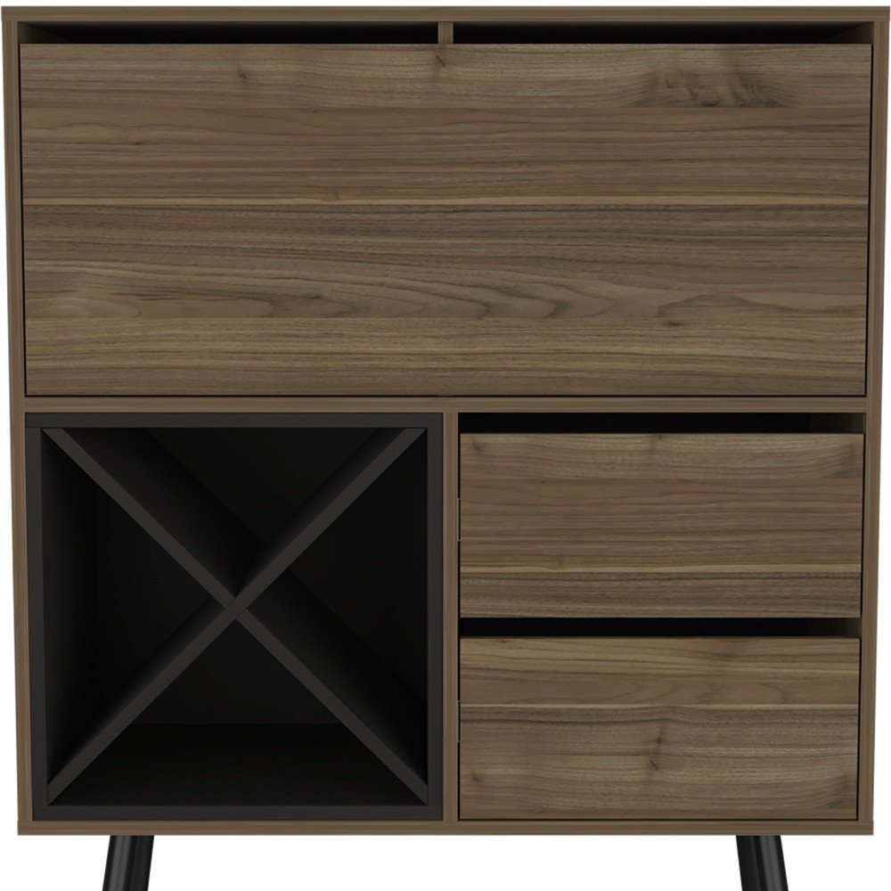 46" Dark Brown and Black Wood Console Bar Cabinet With Single Door And Two Drawers