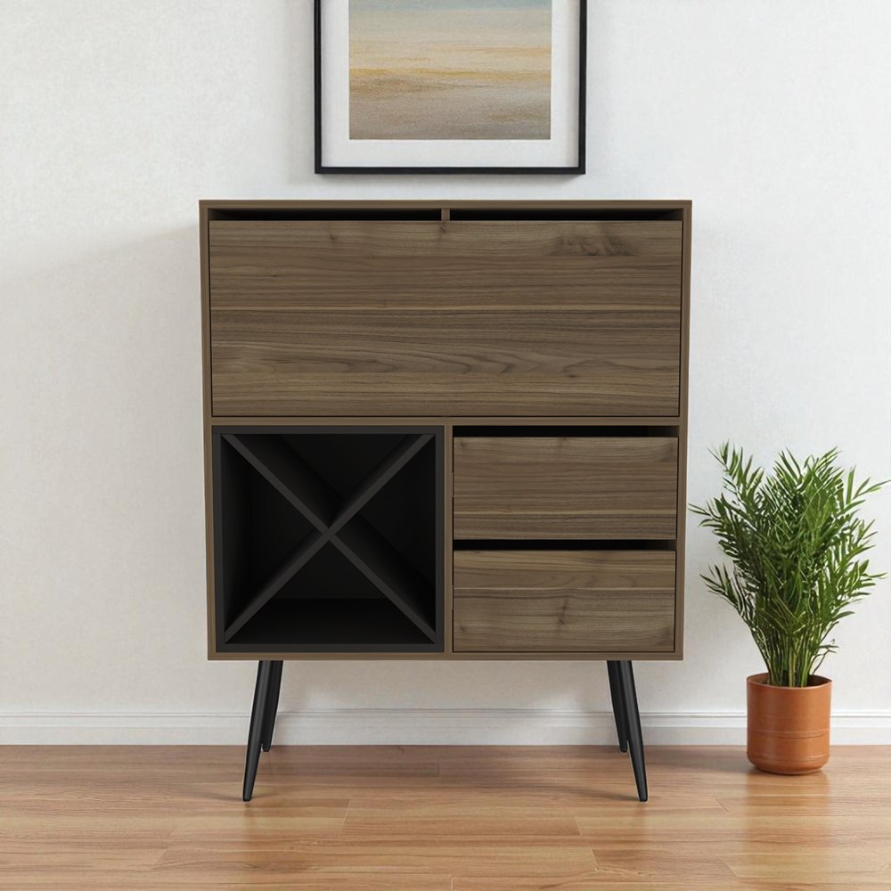 Close-up of 46" Dark Brown and Black Wood Console Bar Cabinet With Single Door And Two Drawers showing dark brown wood detail.