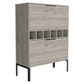 43" Light Gray and Black Wood Console Bar Cabinet With Two Doors. Cabinet isolated on a plain white background, in a light gray wood finish.