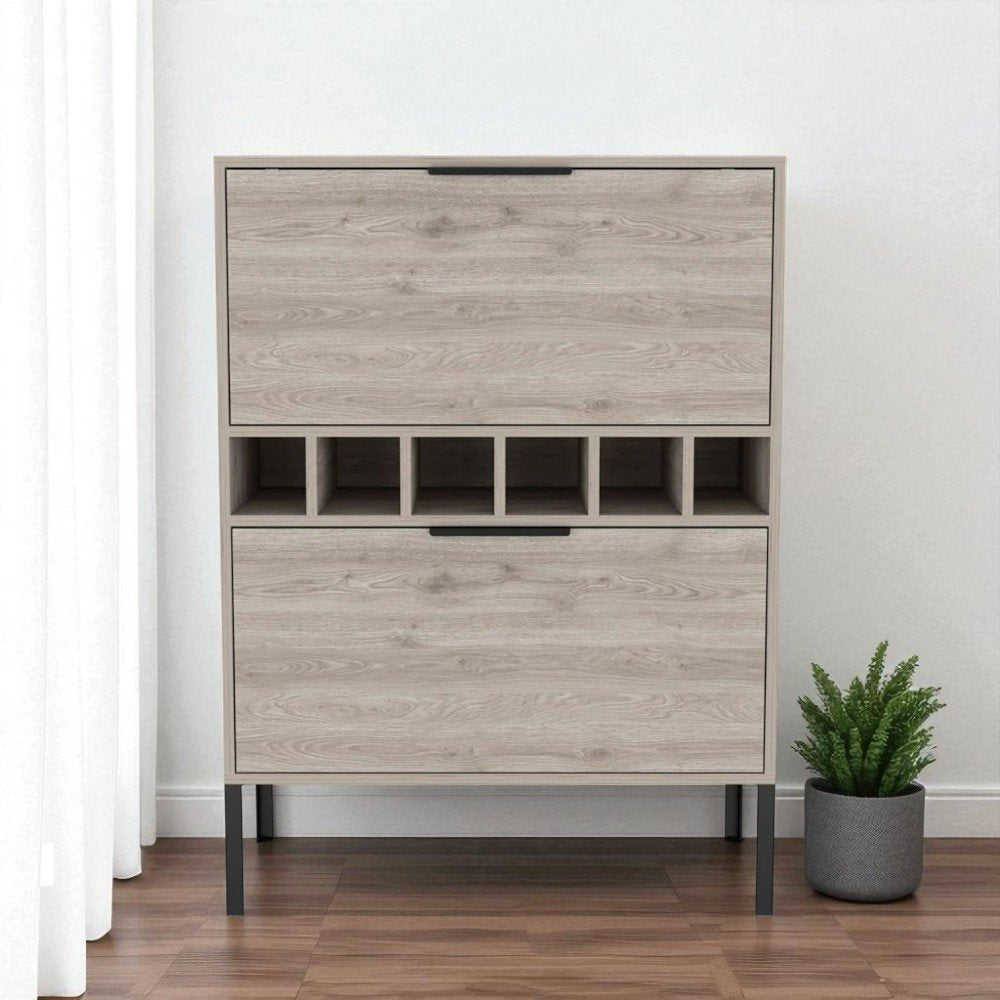43" Light Gray and Black Wood Console Bar Cabinet With Two Doors. Cabinet in light gray wood.