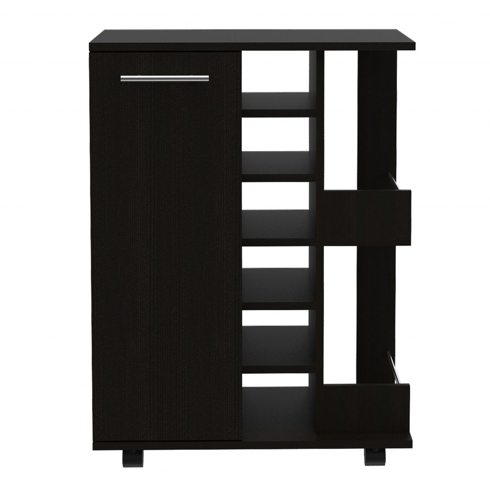 Black rolling bar cart with a cabinet door and open shelves, on a white background.