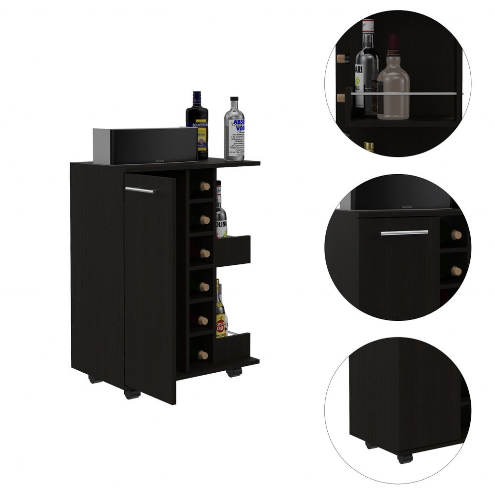 Black Rolling Bar Cart With Wine Storage - 32.4" H x 23.7" W x 14.8" D