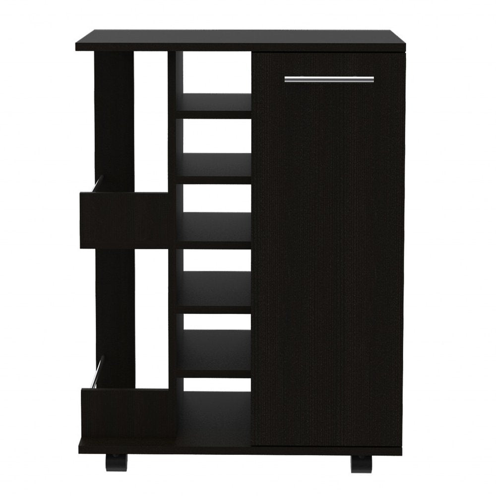 Black Rolling Bar Cart With Wine Storage on a white background