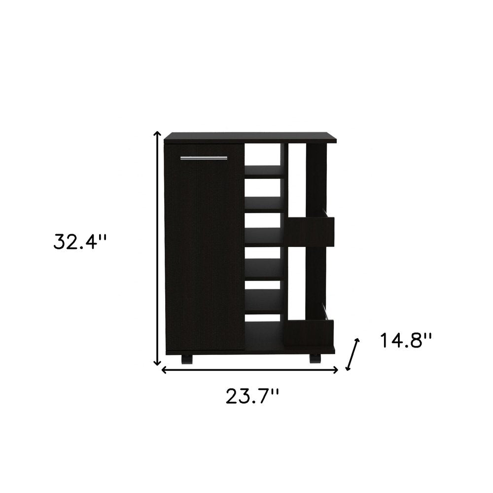 Black Rolling Bar Cart With Wine Storage on a white background