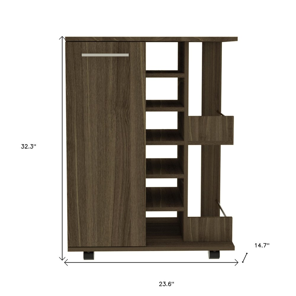 24" Walnut Wood Flat Door Rolling Kitchen Cart With Storage. Kitchen cart isolated on a plain white background, showing a walnut wood surface.