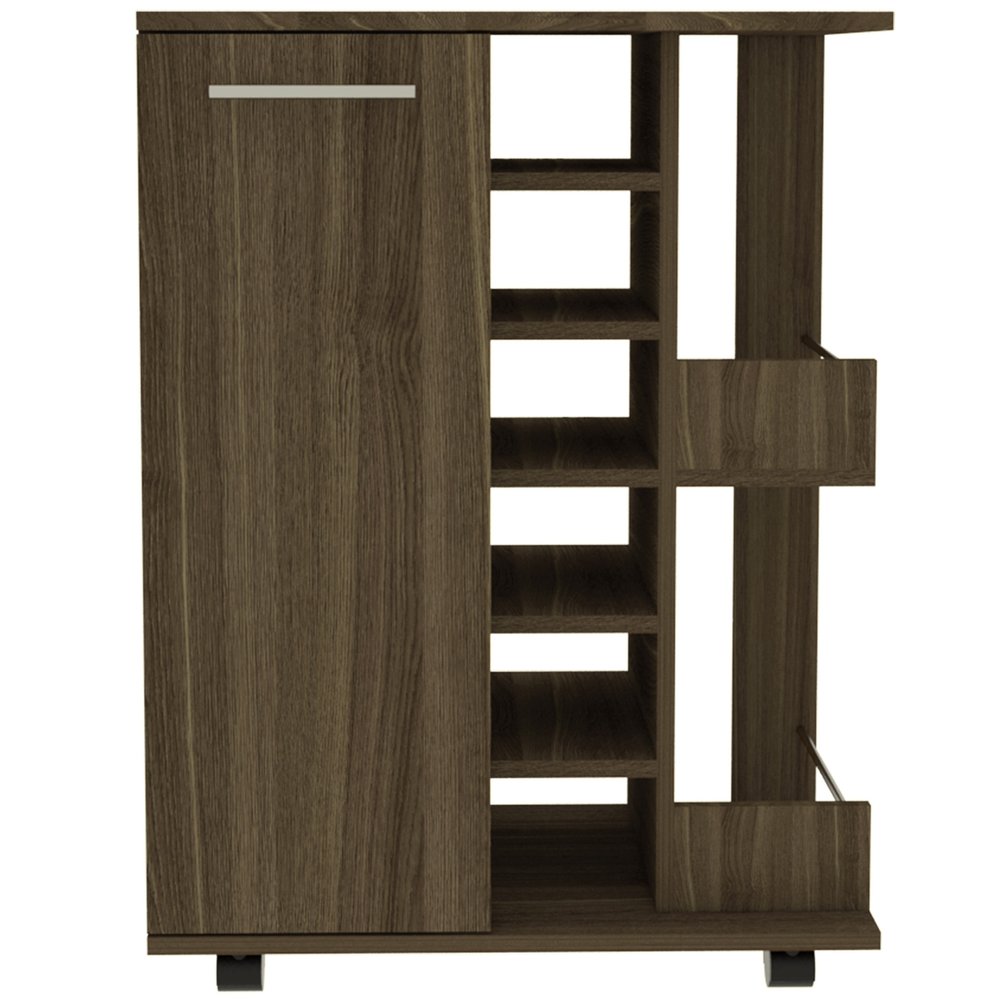 Brown wood kitchen cart with flat door, open shelves, and wheels on a white background.
