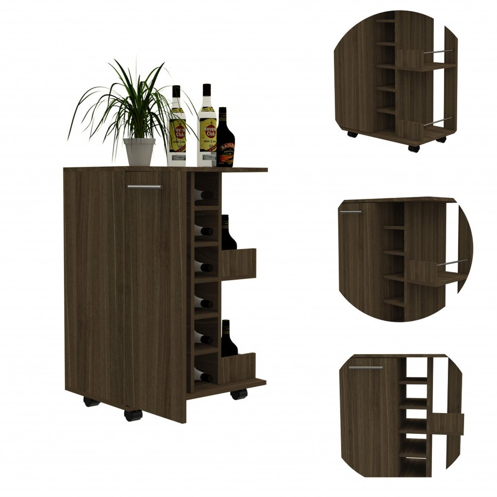 24" Walnut Wood Flat Door Rolling Kitchen Cart With Storage