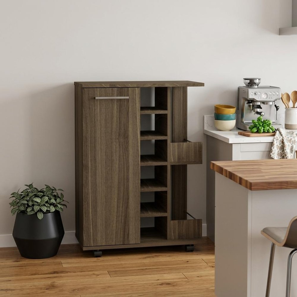 24" Walnut Wood Flat Door Rolling Kitchen Cart With Storage