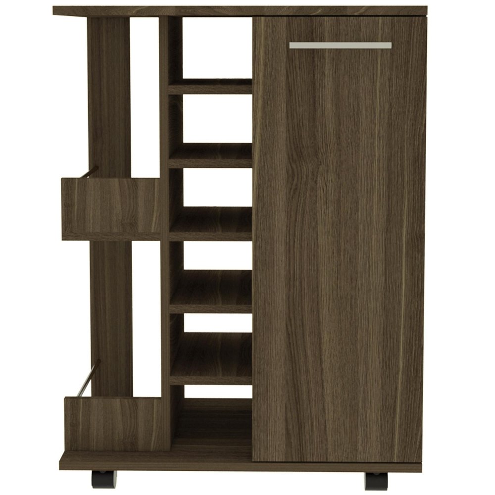 24" Walnut Wood Flat Door Rolling Kitchen Cart With Storage. Kitchen cart isolated on a plain white background, showing a walnut wood surface.