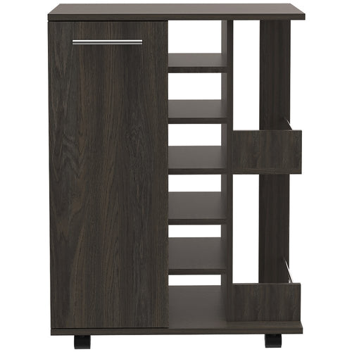 Espresso wood kitchen cart with a flat door, open shelves, and rolling casters on a white background.