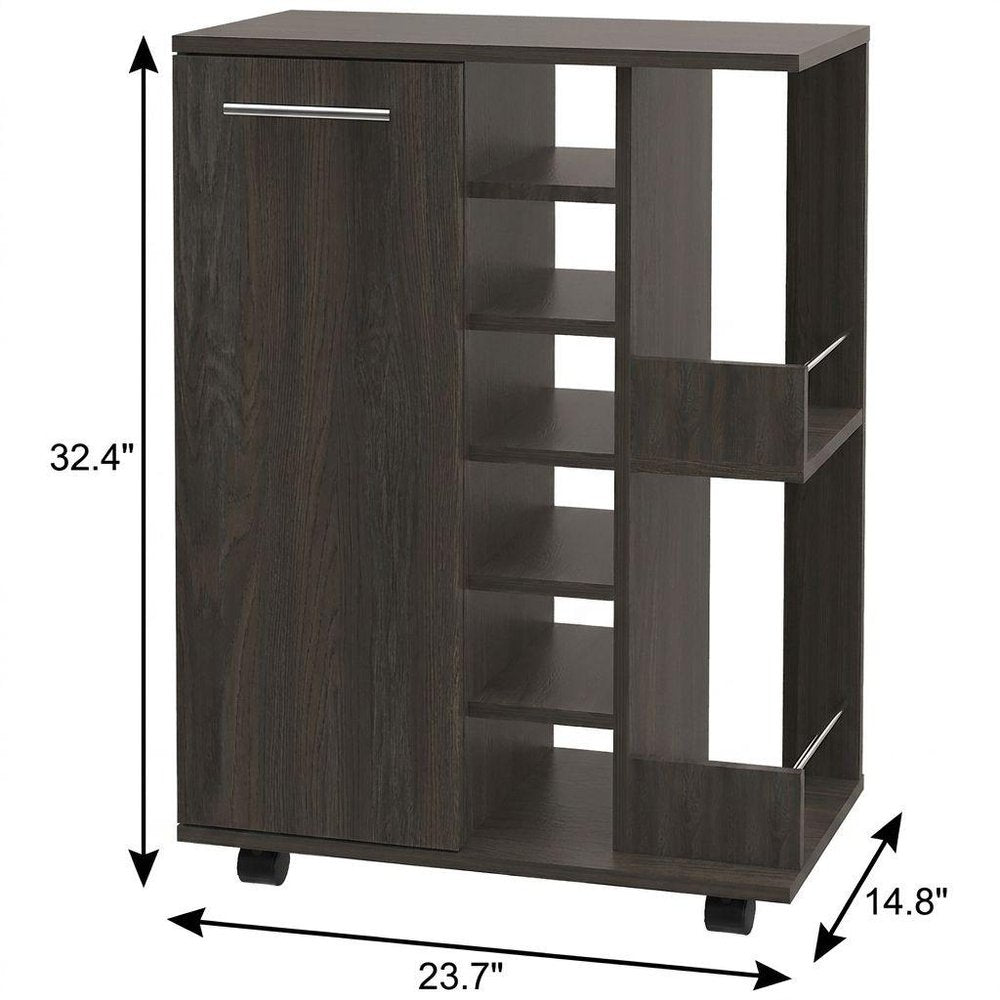 24" Espresso Wood Flat Door Rolling Kitchen Cart With Storage. Kitchen cart isolated on a plain white background, finished in charcoal wood.