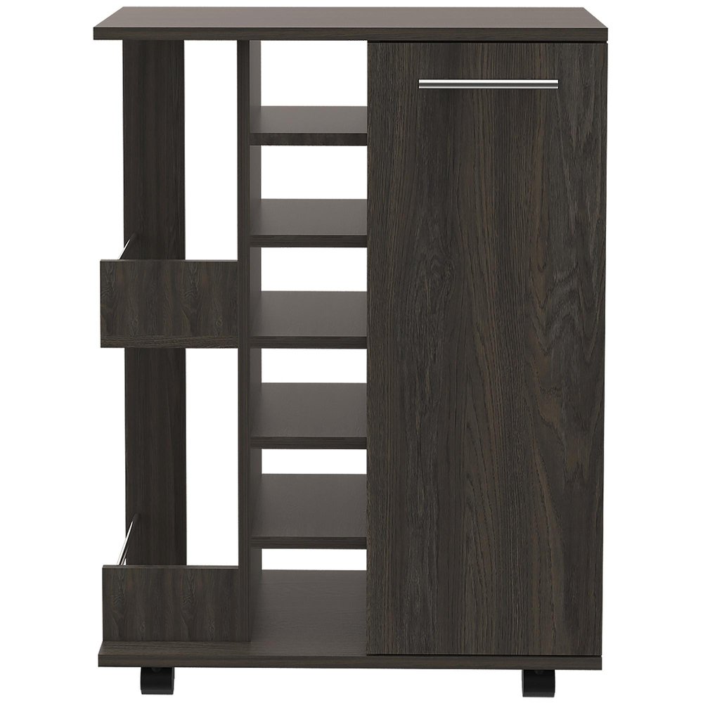 24" Espresso Wood Flat Door Rolling Kitchen Cart With Storage. Kitchen cart isolated on a plain white background, showing a charcoal wood surface.