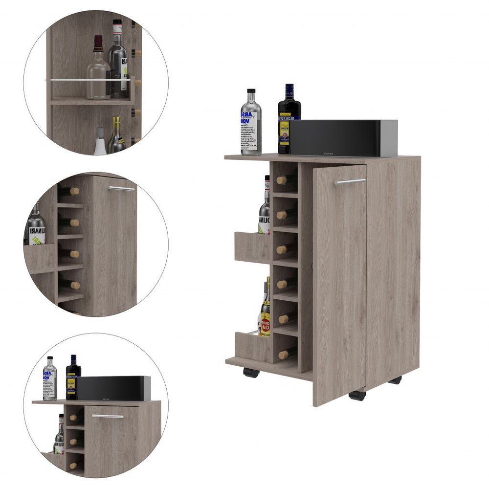 Light Gray Rolling Bar Cart With Wine Storage - 32.4" H x 23.7" W x 14.8" D