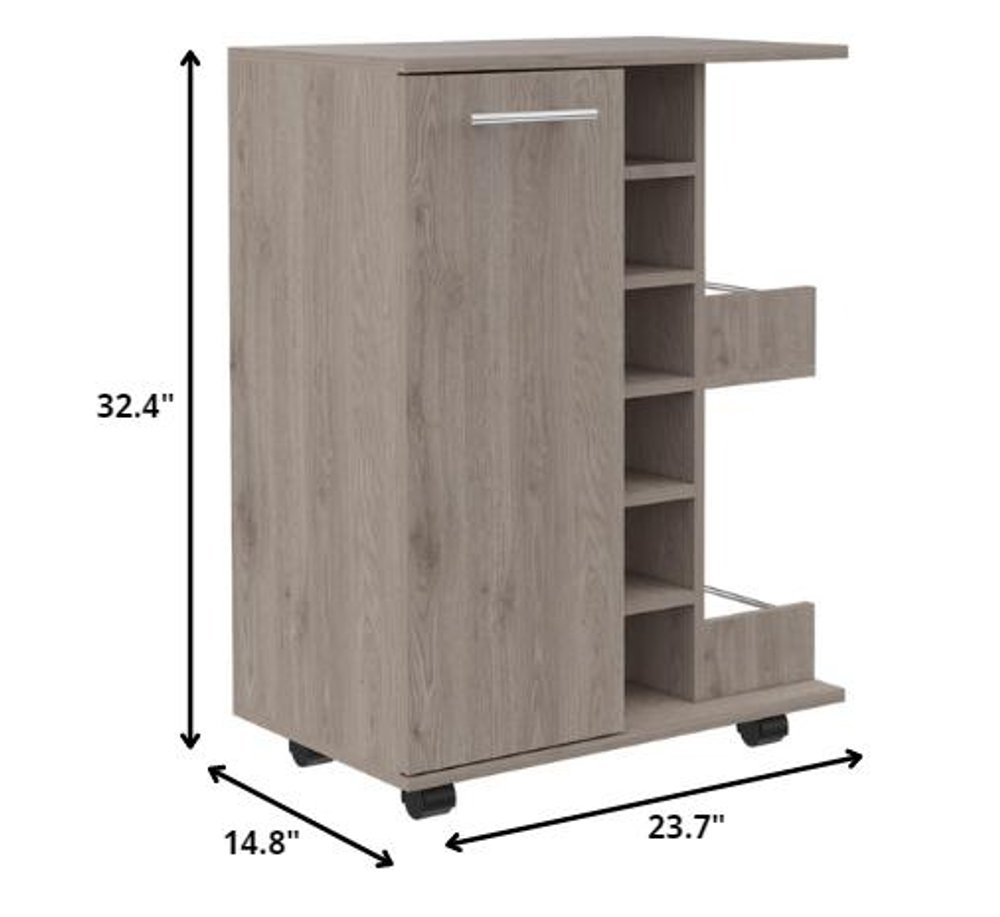 Light gray rolling bar cart with wine storage, 32.4" H x 14.8" D x 23.7" W.