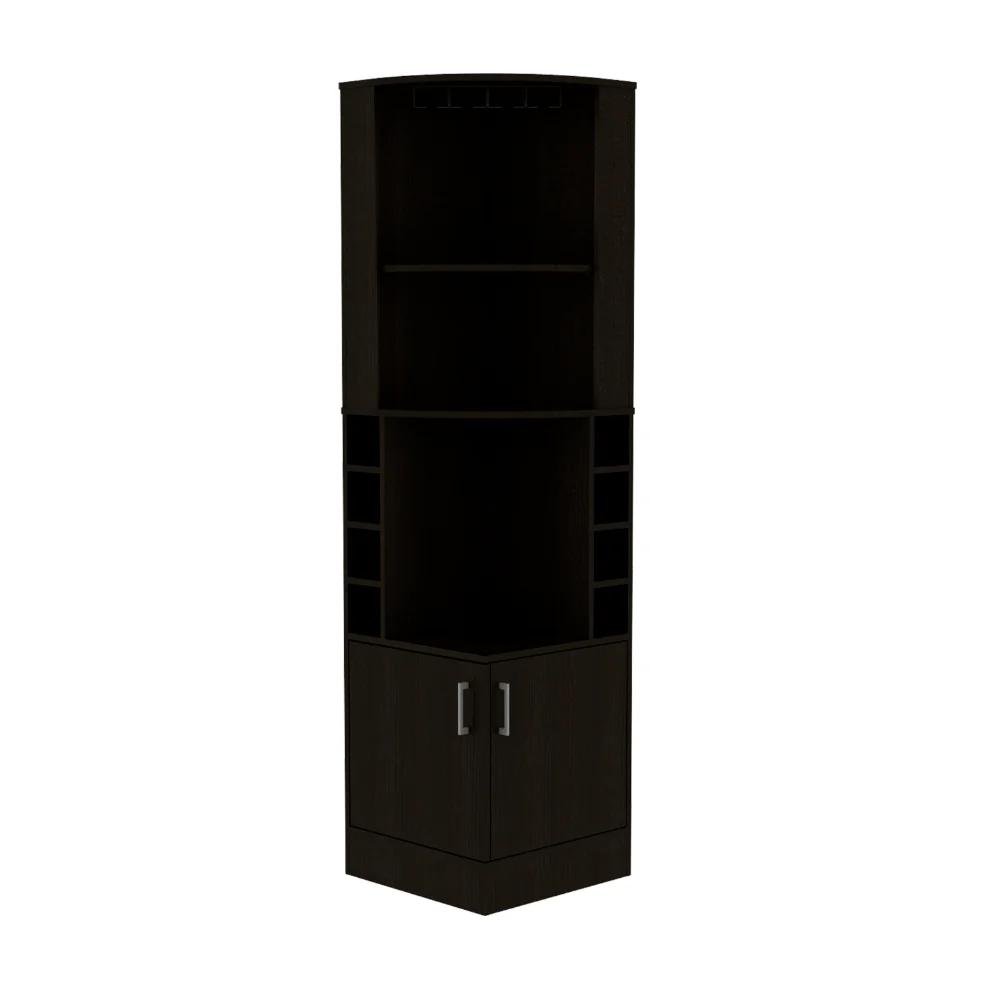 71" Black Wood Corner Bar Cabinet With Two Doors on a white background