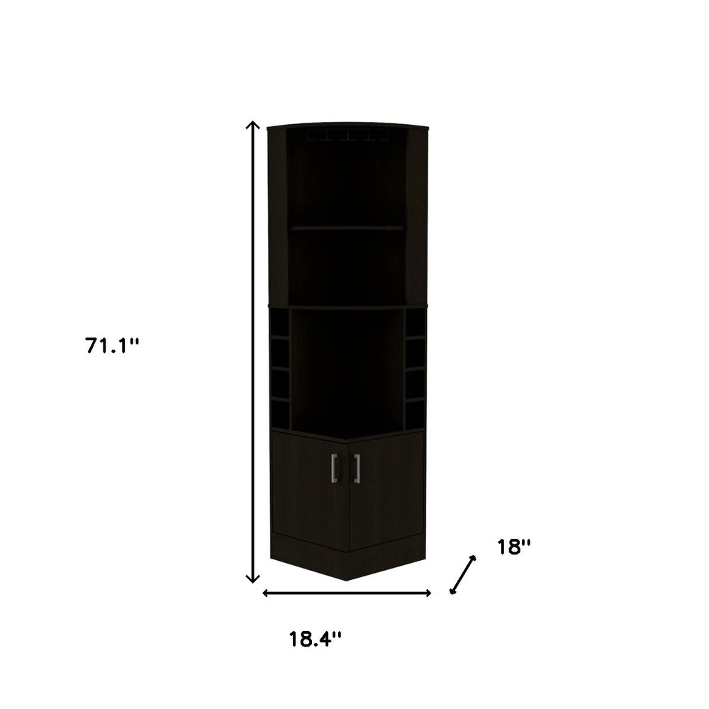 71" Black Wood Corner Bar Cabinet With Two Doors on a white background