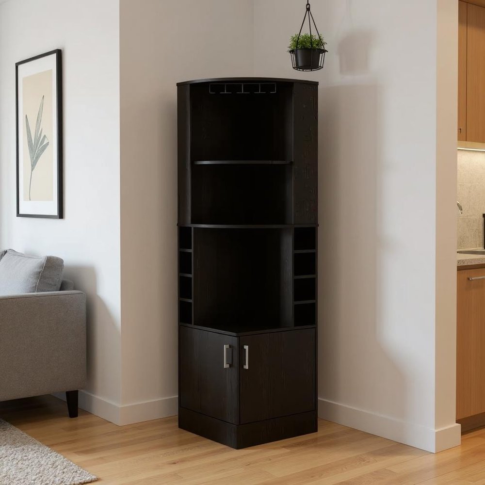 71" Black Wood Corner Bar Cabinet With Two Doors in a home interior