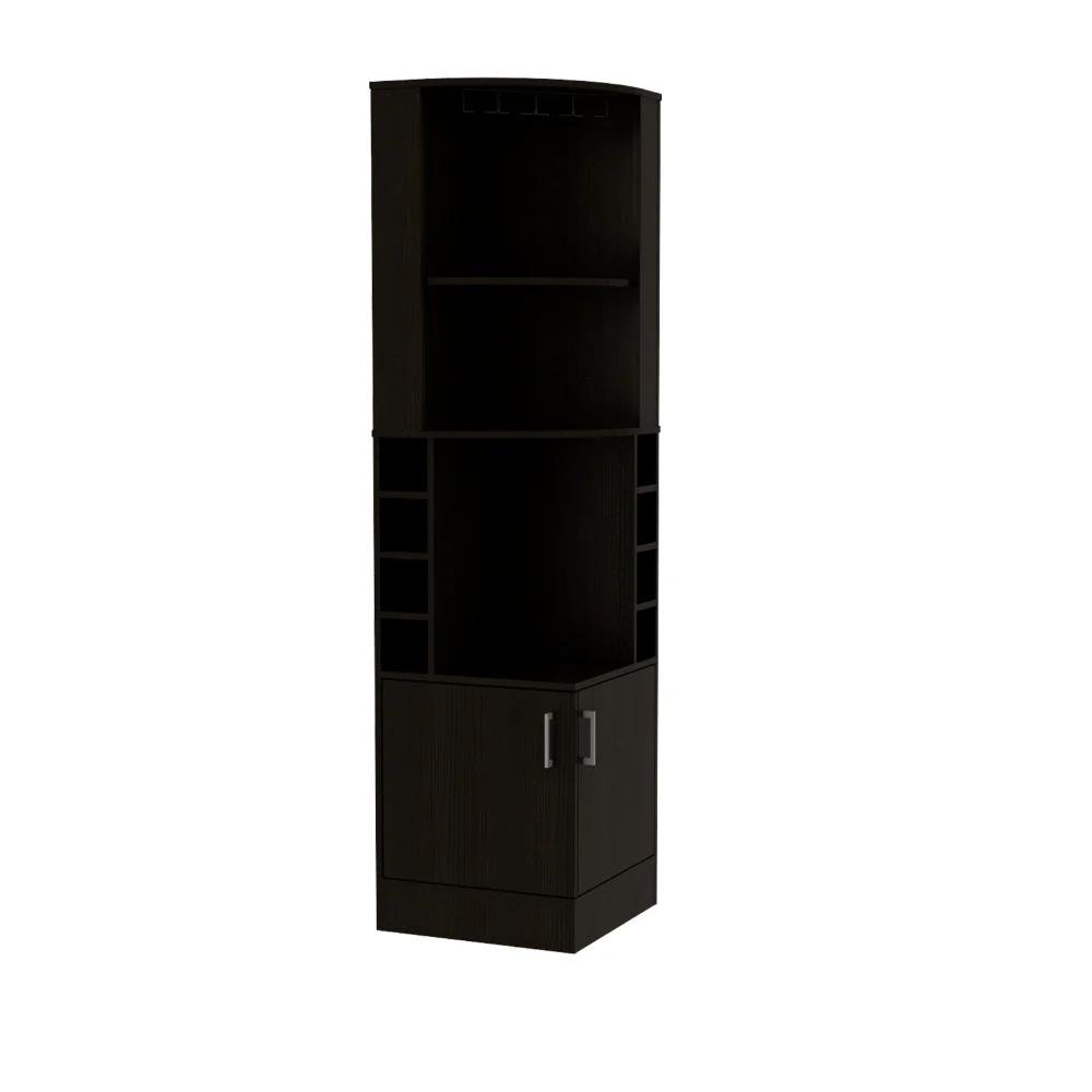 Black wood corner bar cabinet with two doors and multiple shelves, set against a white background.