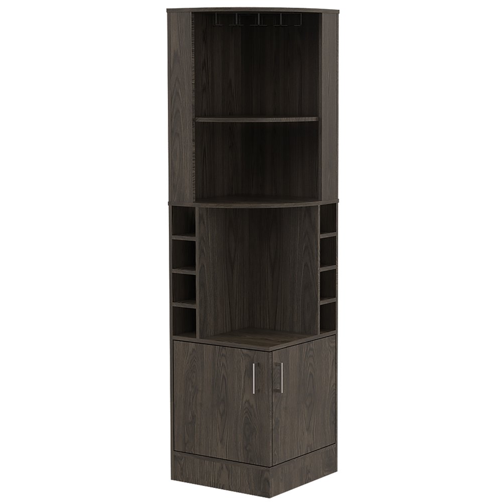 Dark brown wood corner bar cabinet with two doors, featuring shelves and wine racks, on a white background.
