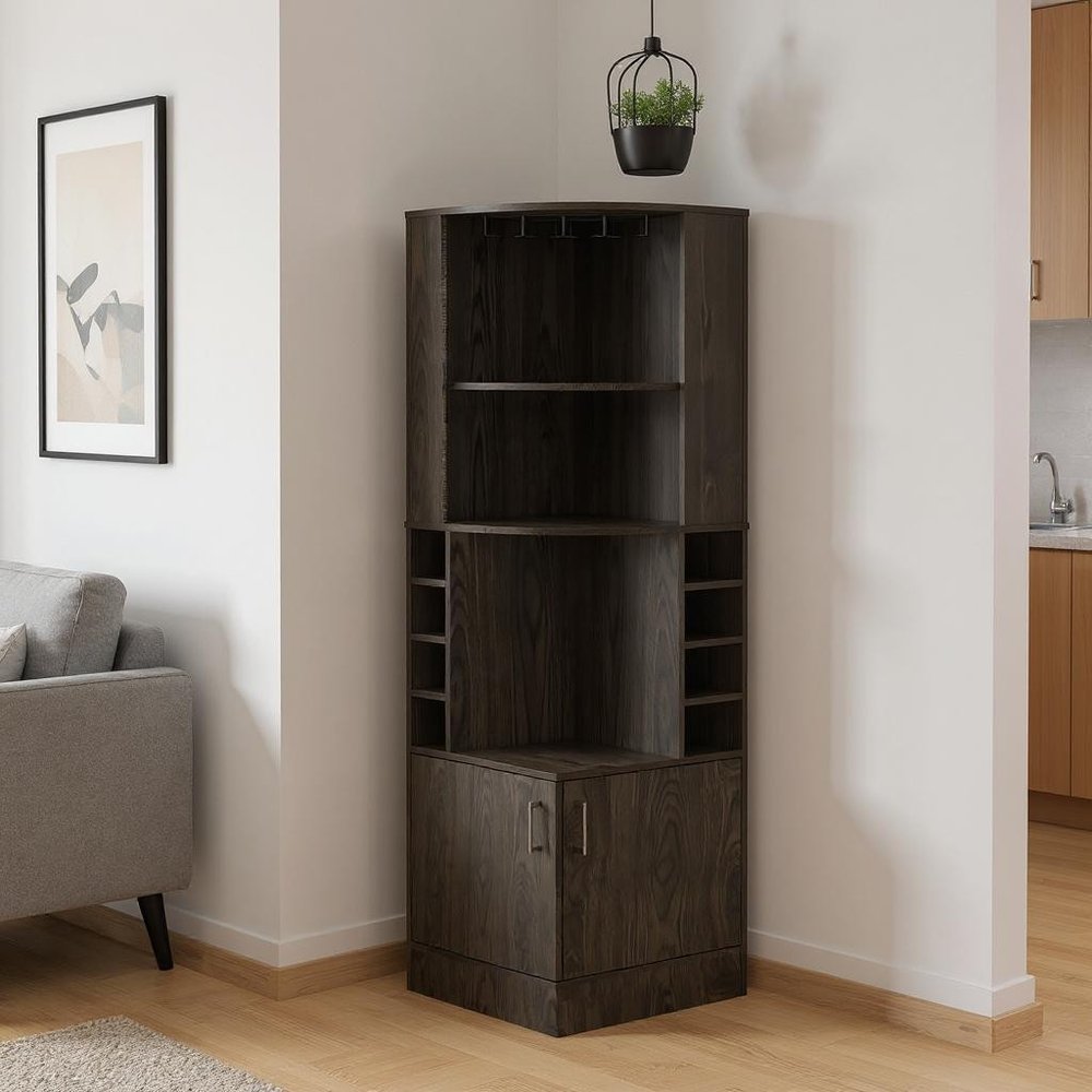 71" Dark Brown Wood Corner Bar Cabinet With Two Doors in a home interior