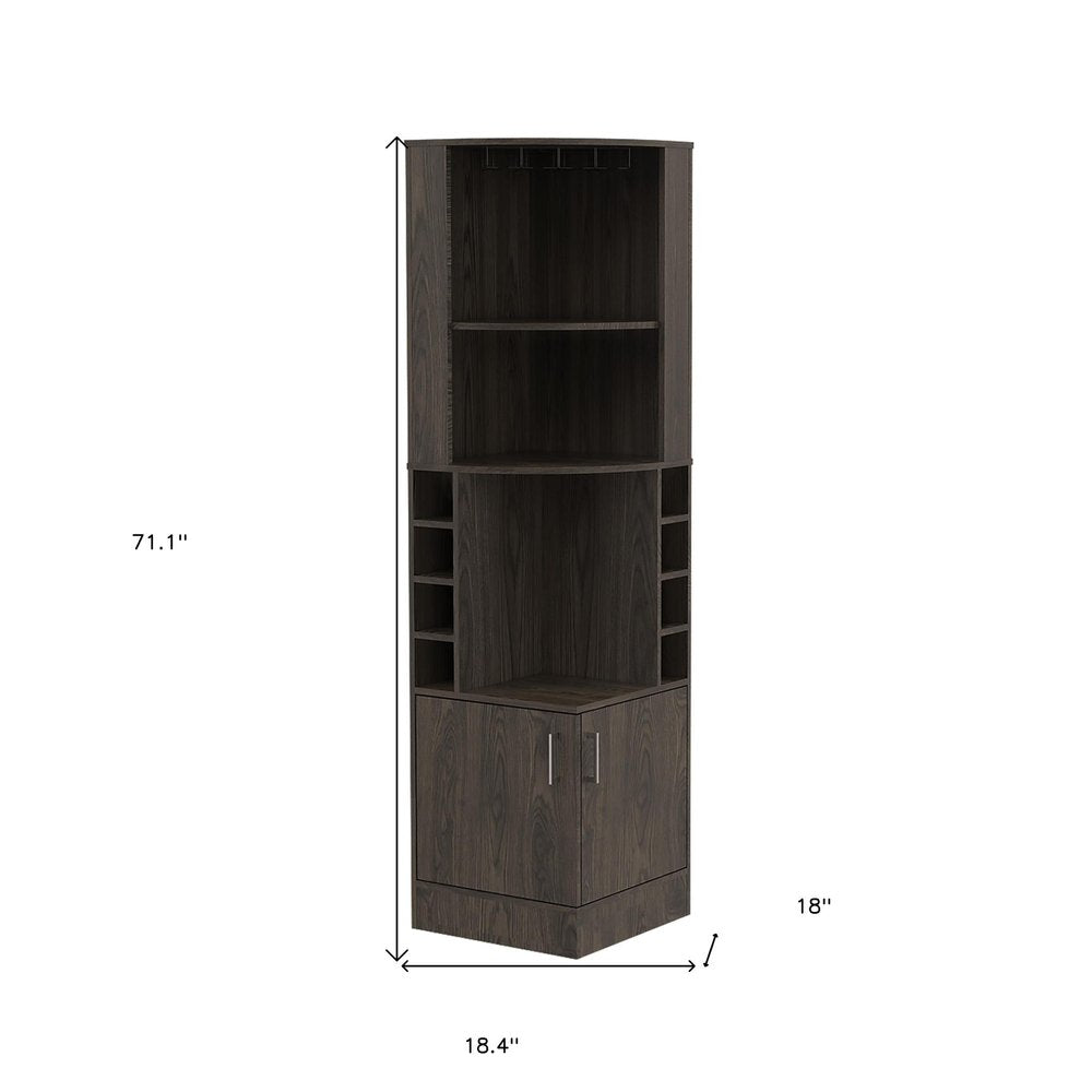 71" Dark Brown Wood Corner Bar Cabinet With Two Doors on a white background