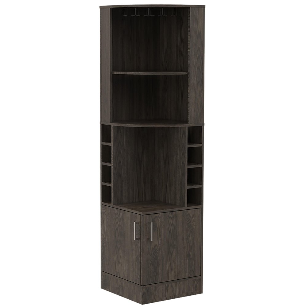 71" Dark Brown Wood Corner Bar Cabinet With Two Doors on a white background