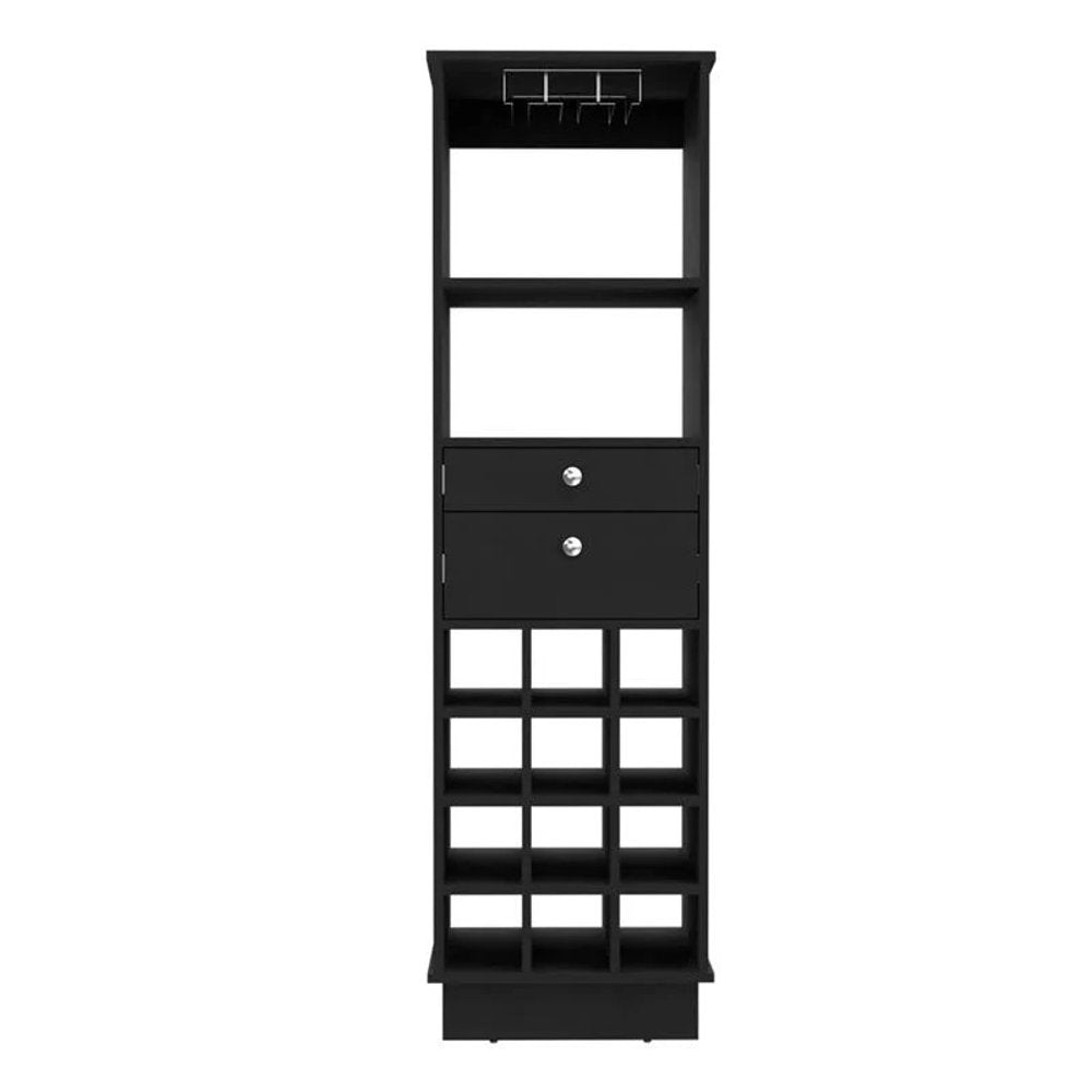 63" Black Wood Bar Cabinet With Two Drawers. Cabinet isolated on a plain white background, showing a black wood surface.
