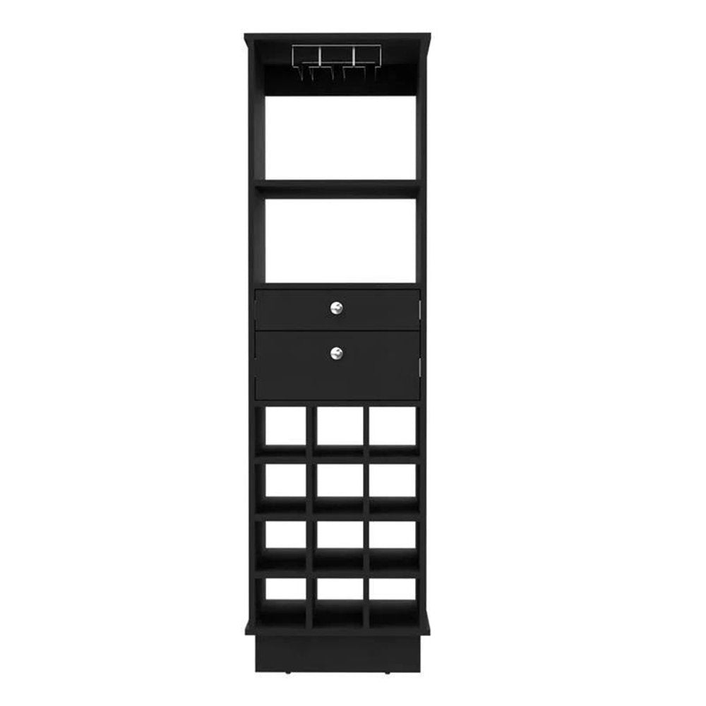63" Black Wood Bar Cabinet With Two Drawers. Cabinet isolated on a plain white background, in a black wood finish.