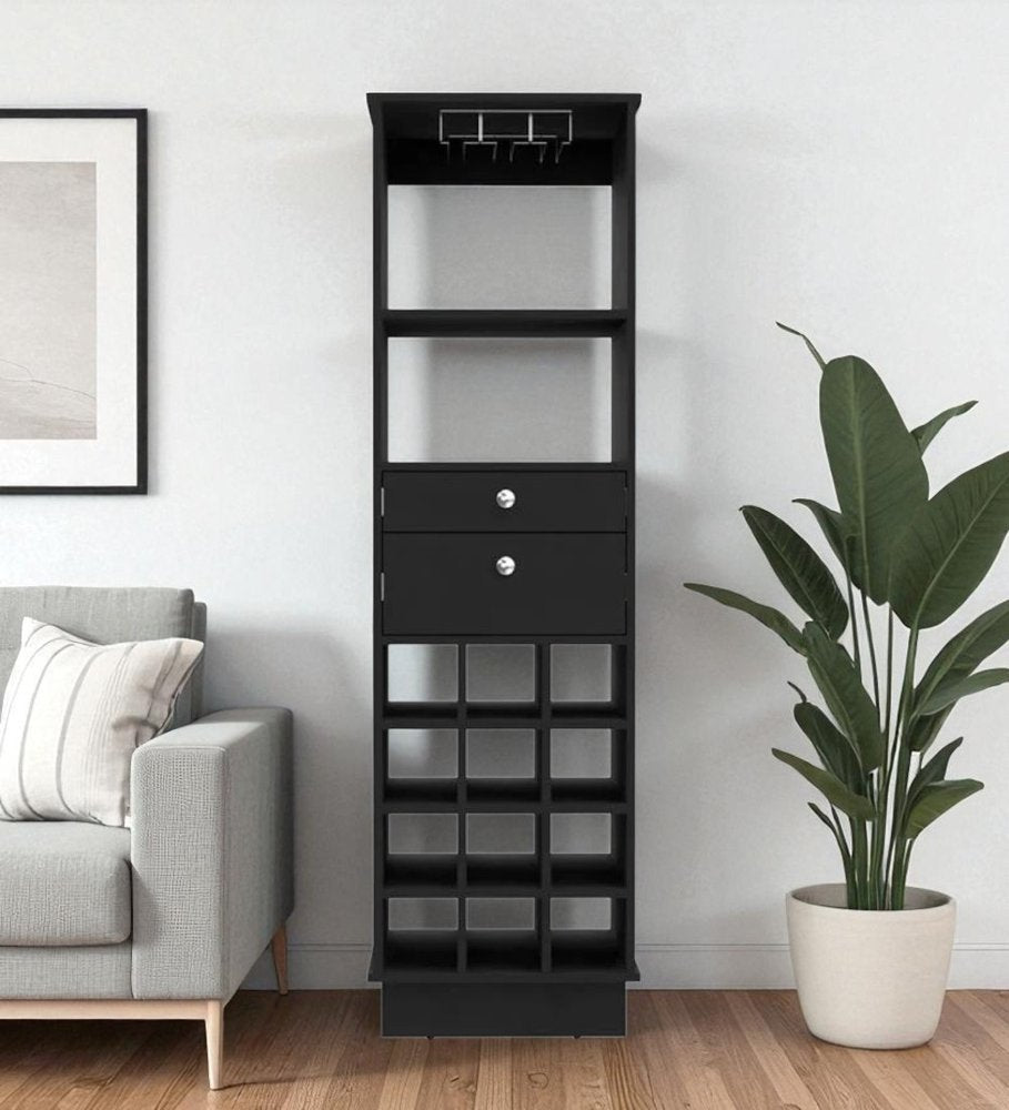 Close-up of 63" Black Wood Bar Cabinet With Two Drawers showing wood detail.