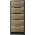 18" Black And Brown Wood Five Drawer Dresser. Dresser isolated on a plain white background, in a black wood finish.