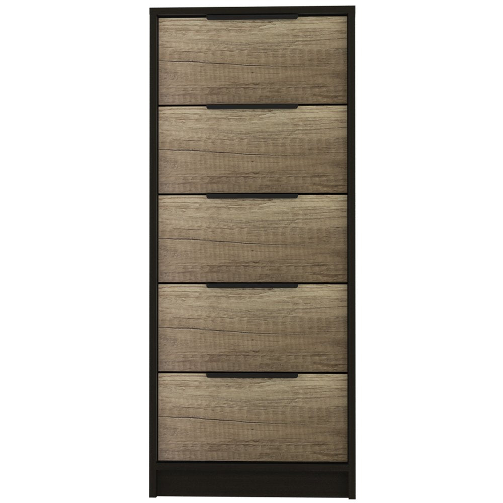 18" Black And Brown Wood Five Drawer Dresser. Dresser isolated on a plain white background, in a black wood finish.