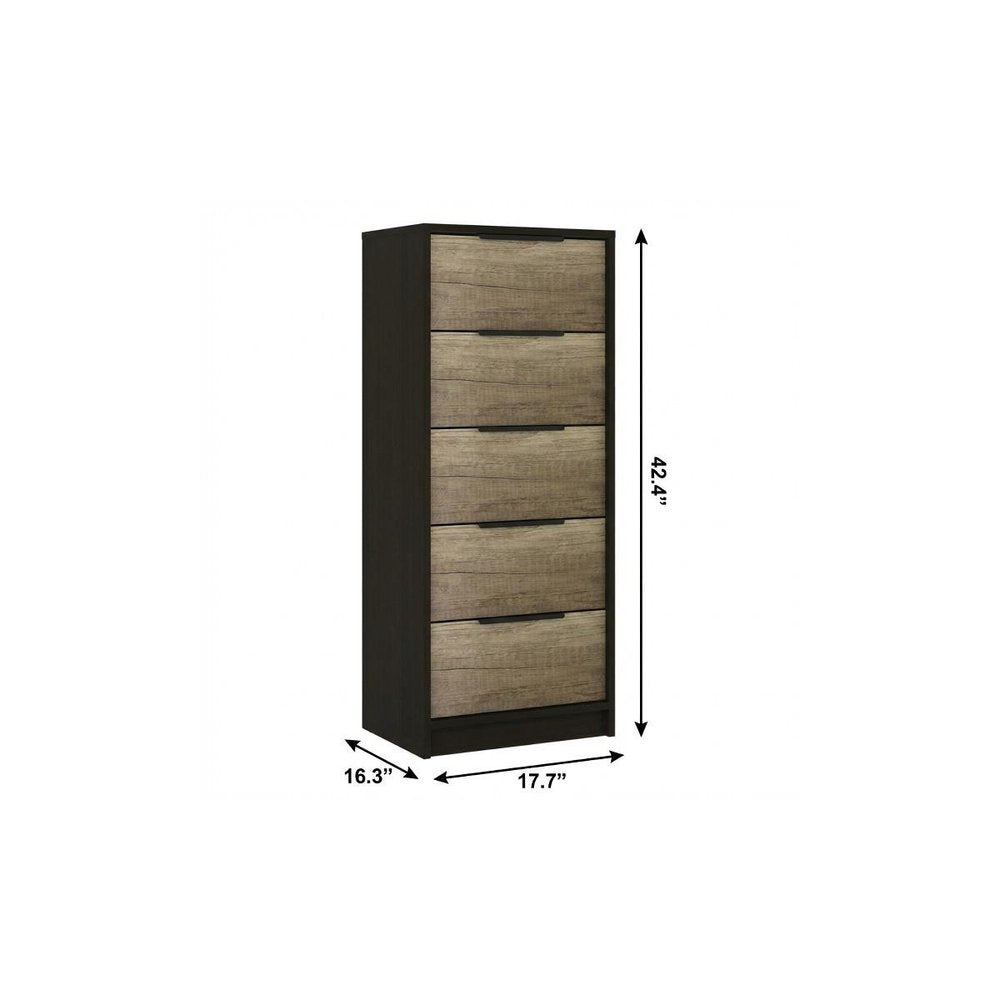 18" Black And Brown Wood Five Drawer Dresser. Dresser isolated on a plain white background, showing a black wood surface.