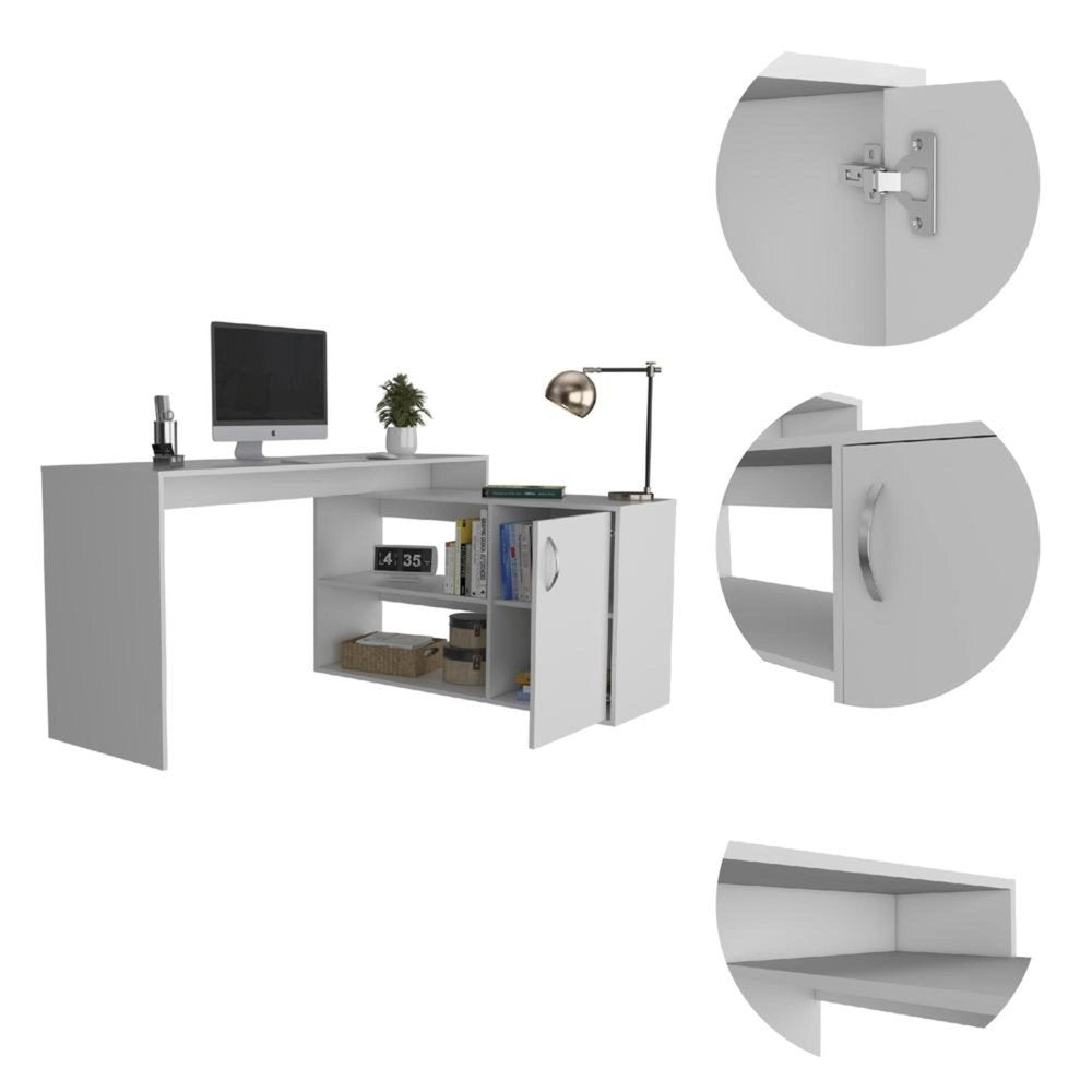 60" White L Shape Computer Desk. Desk isolated on a plain white background, finished in white.