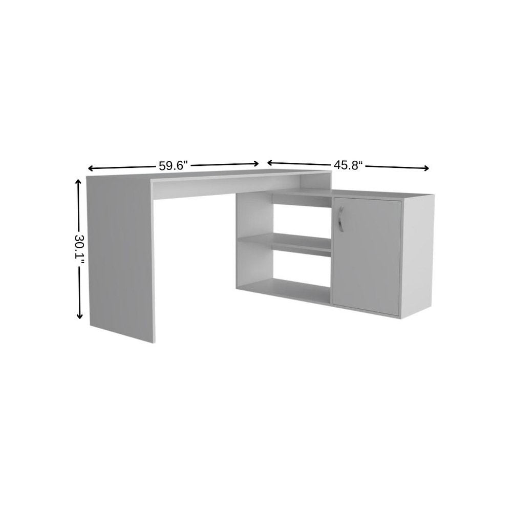 60" White L Shape Computer Desk. Desk isolated on a plain white background, finished in white.