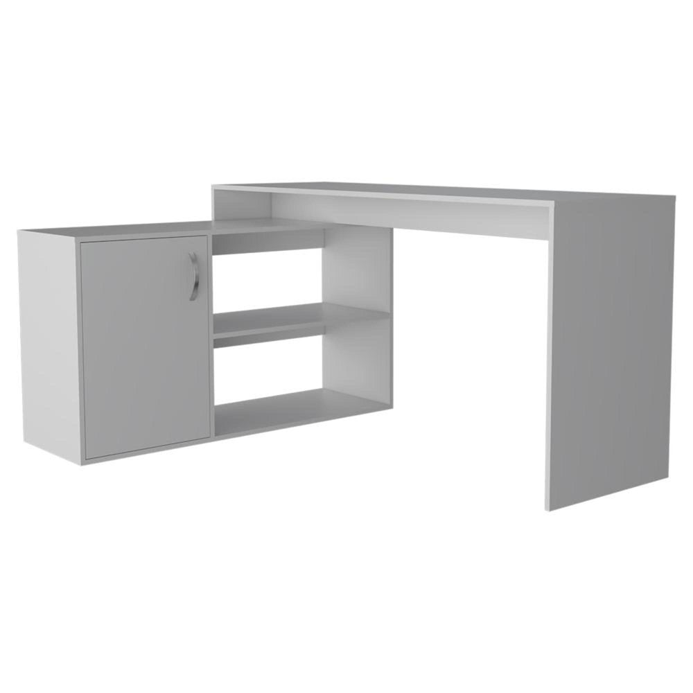 60" White L Shape Computer Desk. Desk isolated on a plain white background, finished in white.