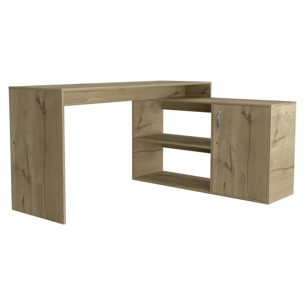 60" Natural L Shape Computer Desk With Three Drawers. Desk isolated on a plain white background, in a tan finish.