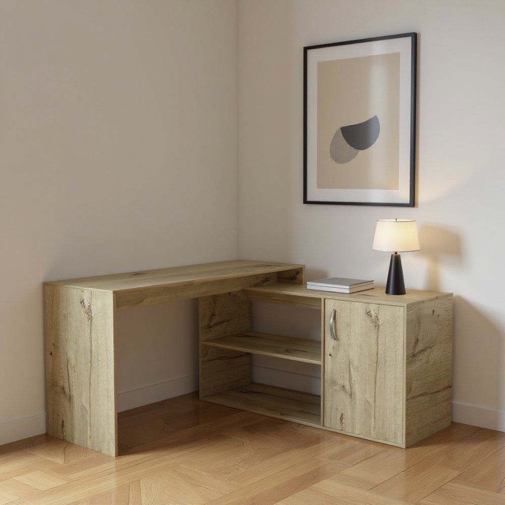 60" Natural L Shape Computer Desk With Three Drawers. Desk in tan.