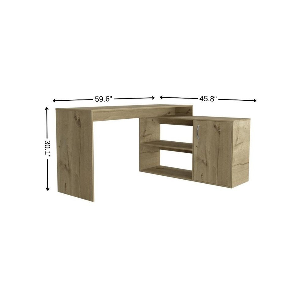 60" Natural L Shape Computer Desk With Three Drawers. Desk isolated on a plain white background, finished in tan.