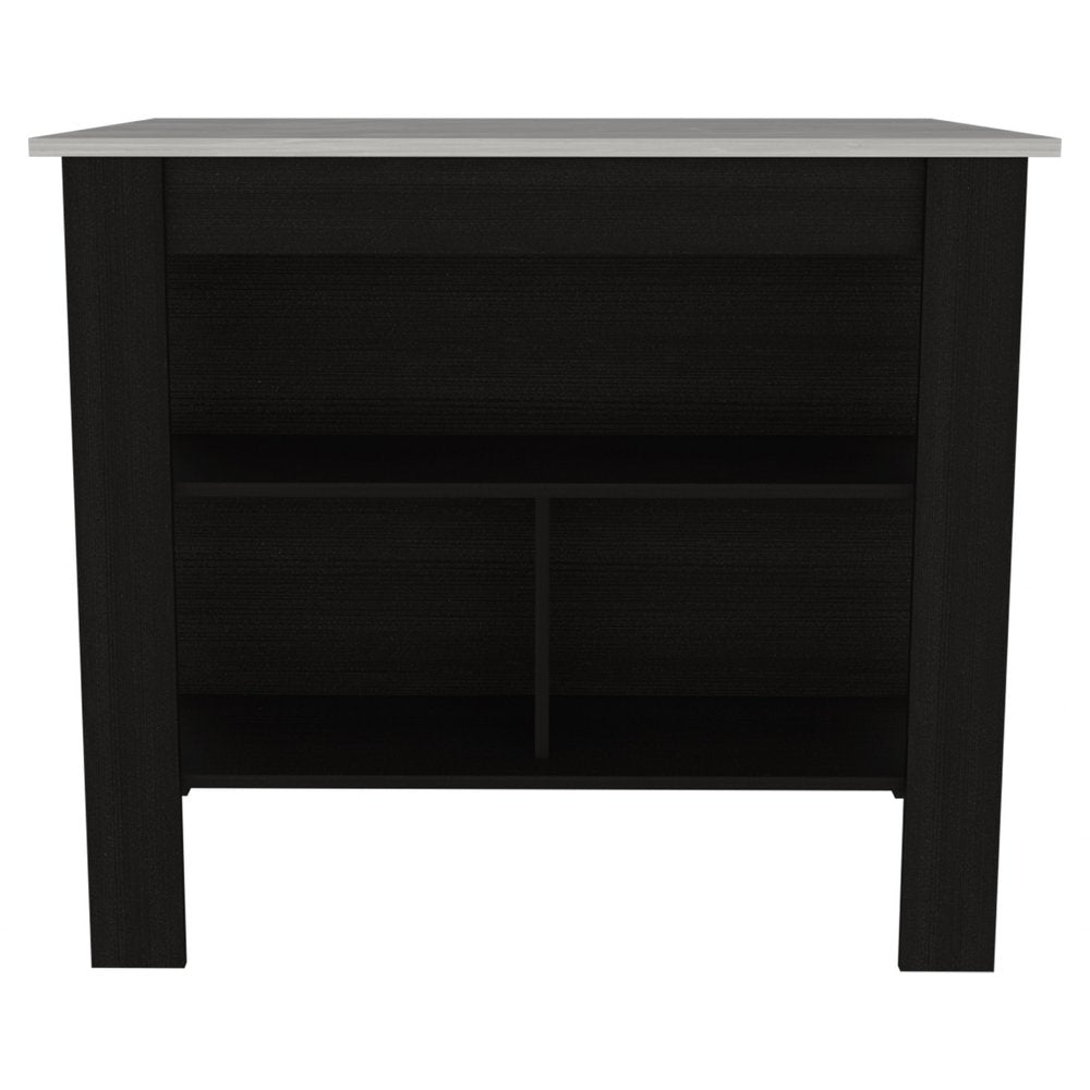 Black and ivory kitchen island with storage, featuring a dark wood finish and a light-colored countertop.