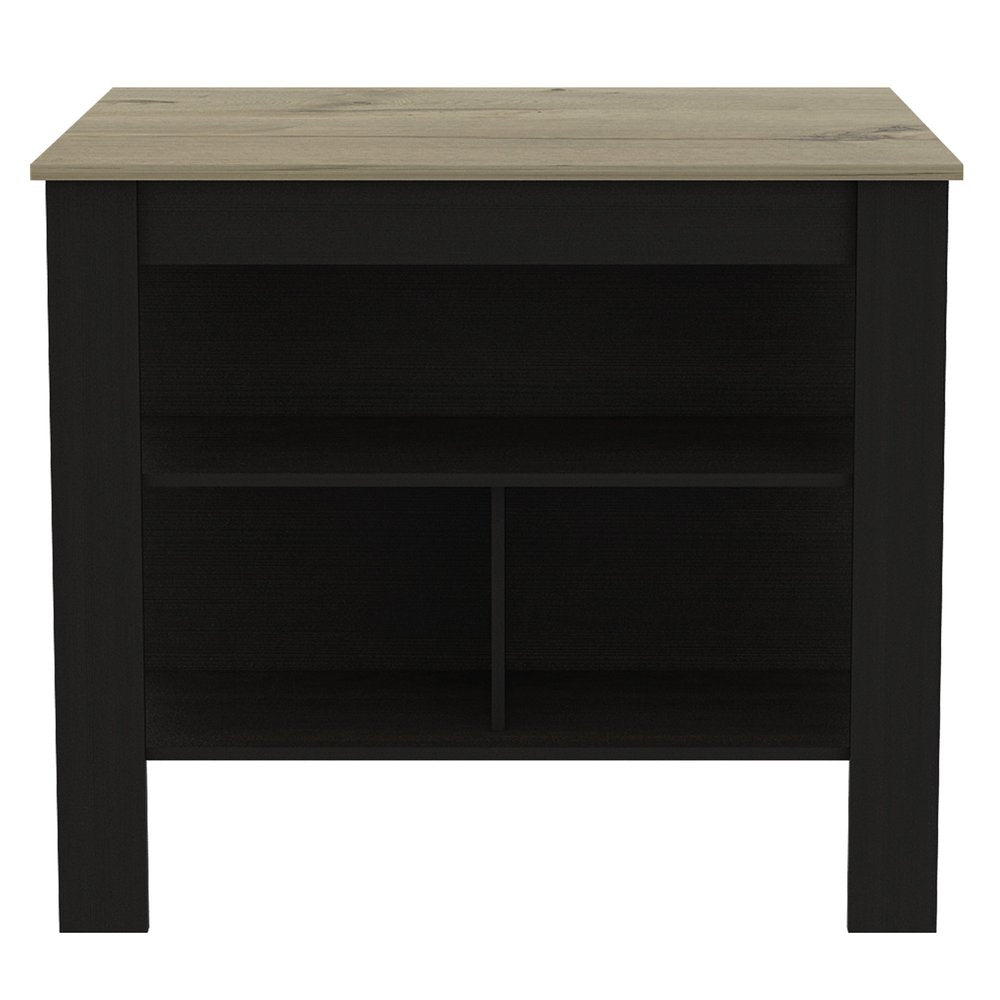 Black and natural wood finish kitchen island with open shelving and a white background.