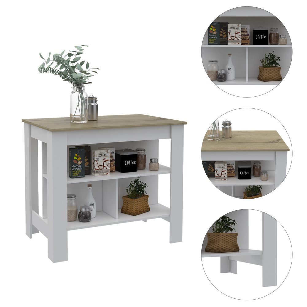 White and brown kitchen island with two shelves and a wooden top, featuring storage items and a plant.