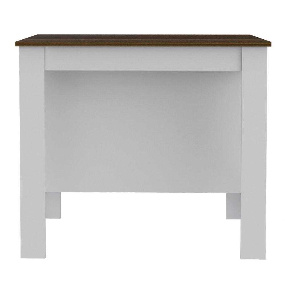 White and brown kitchen island with a dark wood top and white base, shown against a white background.